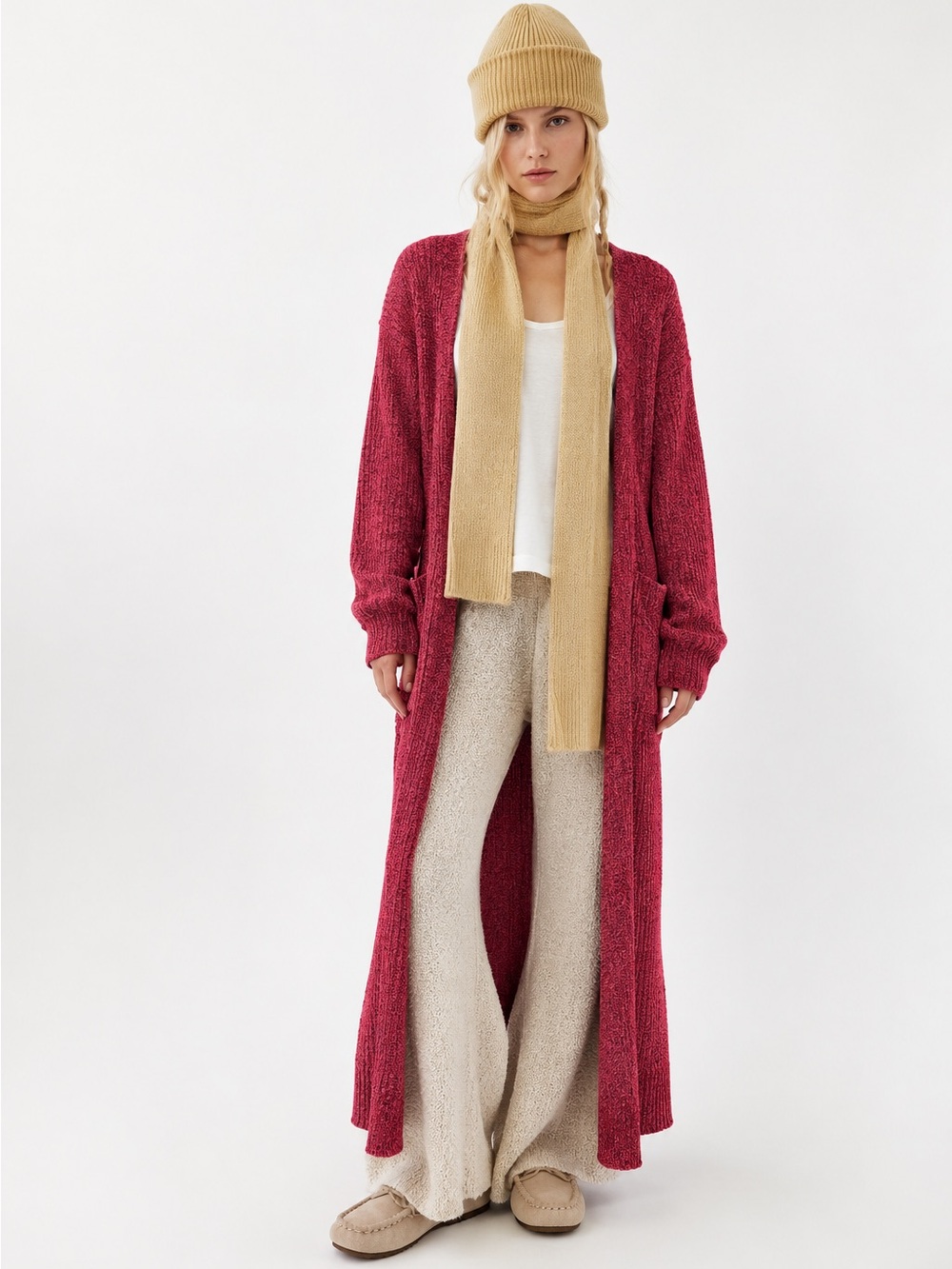 251. Cozy Open-Front Long Sleeve Knit Dress Cardigan in Marled deep fuchsia pink